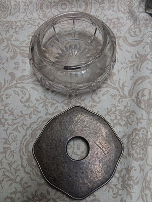 Unusual 10-Sided Glass Mystery Box W Monogrammed ''F'' Metal Top Vintage Decor