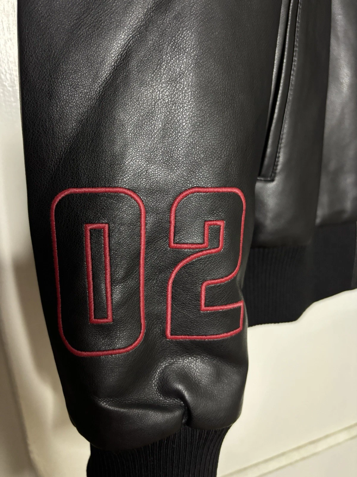 True Religion Men's Black Varsity Jacket PU Leather Snap Embroidered Logo L - product detail image 3