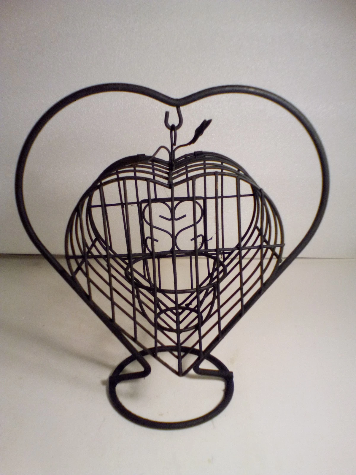 Vintage Metal Heart Shaped Birdcage On Base Stand