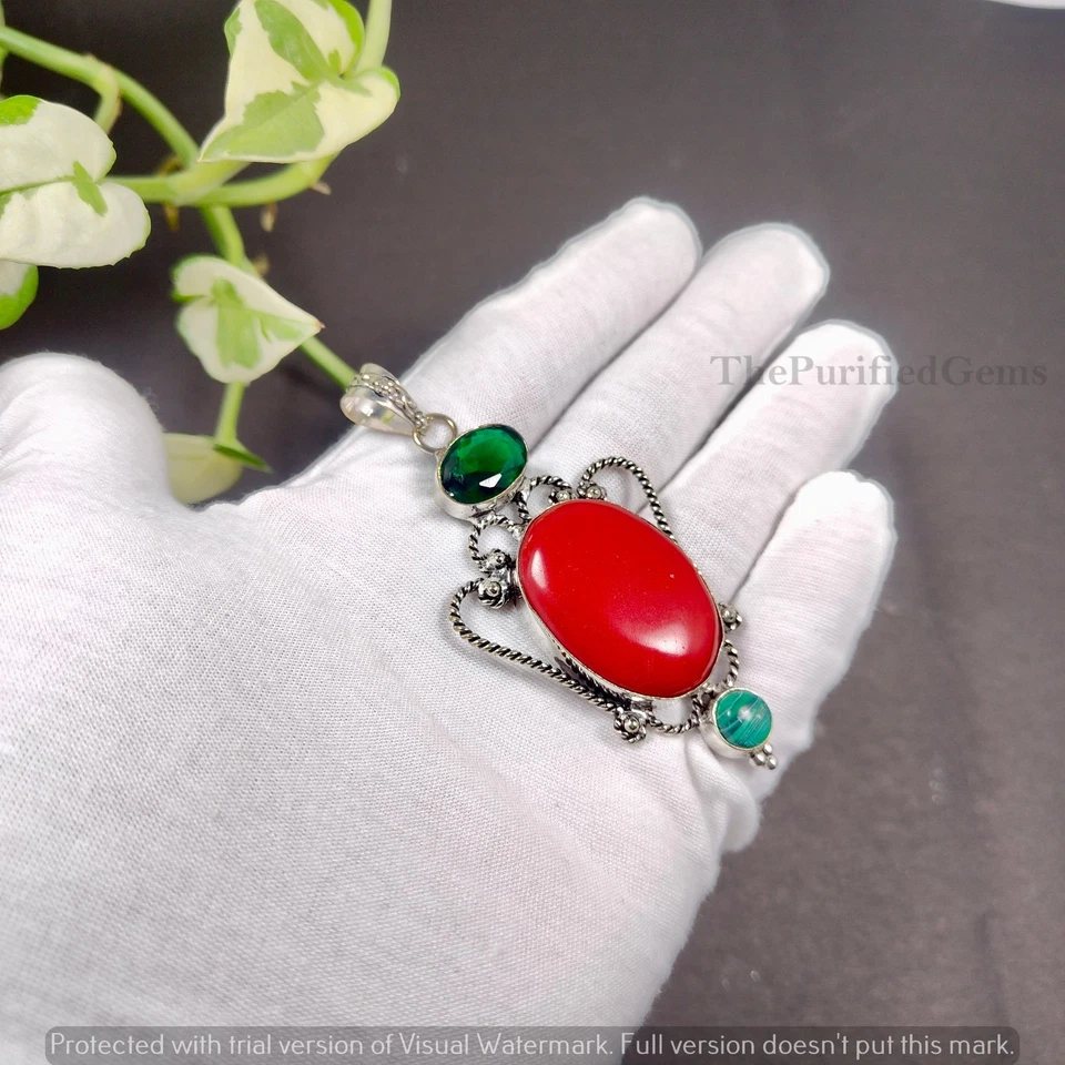 Pingente de sobreposição folheado a prata esterlina 925 com pedra preciosa coral e mistura ~Joia antiga - Imagem 4 de 4