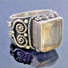 Ornate 925 Sterling Silver And Emerald Cut Citrine Ring Size 7.25 ADI Estate