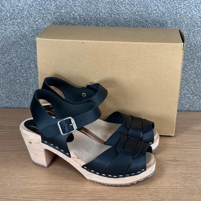 Lotta From Stockholm Black Leather Swedish Clogs Wooden Heel EU 35 UK 2,5-3