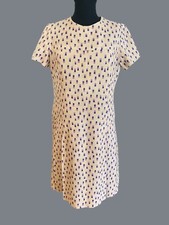 Womens Vintage Linen Zip Up Mid Century Abstrat Style Short Sleeve Pleated Midi