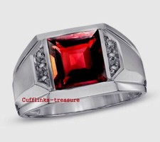 Natural Garnet  CZ Gemstones with 925 Sterling Silver Ring For Men's 7005