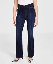 I.n.c.  Women's High Rise Asymmetrical Seamed Bootcut Jean, Dark Indigo Sz 12