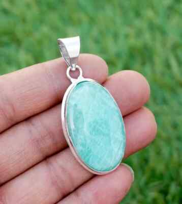 925 Sterling Silver Natural Amazonite Oval Gemstone Boho Pendant Graduation Gift
