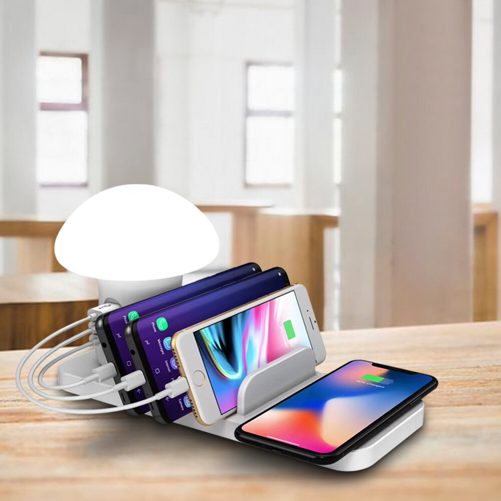 USB Hub 3 Ports Mushroom Lamp Charger Charging Station And Wireless Charging Pad