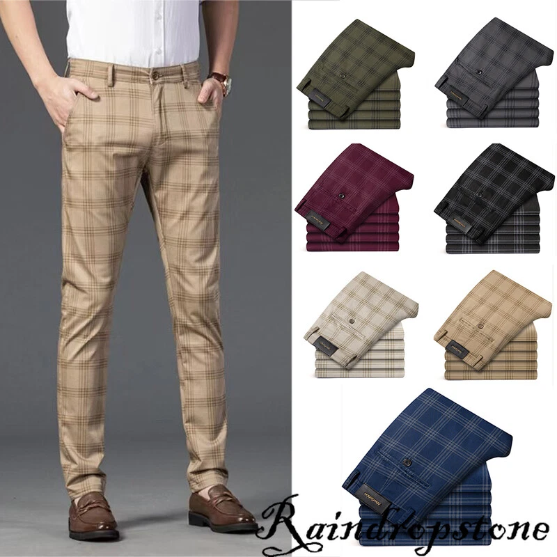 Mens Fashion Plaid Pencil Long Pants Business Casual Slim Fit Trousers  Workwear