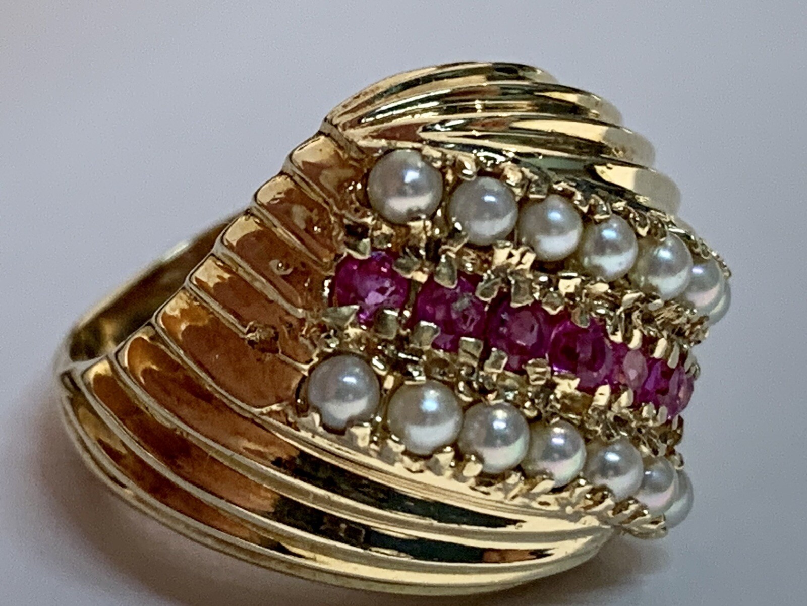 Pearl and Pink Ruby Ring 14k Solid Yellow Gold, V… - image 2