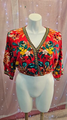 New Market by Flying Tomato Women's Red Floral 3/4 Sleeve Cropped Blouse Size M