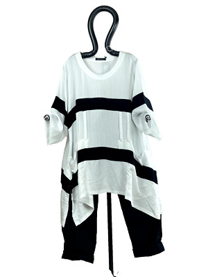 IZZY Style Edle TUNIKA STREIFEN  A-Linie  ECRU Mit SCHWARZ  S - 42 44 46