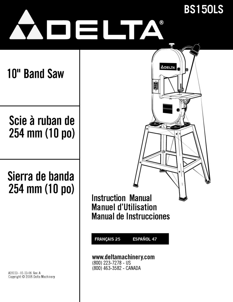 Delta BS150LS 10" Band Saw Instruction Manual eBay