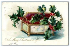 1906 Christmas Song Birds Holly Berries Box Embossed Boston MA Tuck's Postcard