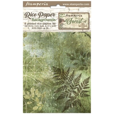 Stamperia A6 RICE PAPER BACKGROUNDS - FOREST - 8 ASSORTED SHEETS 10.5 x 14.8cm