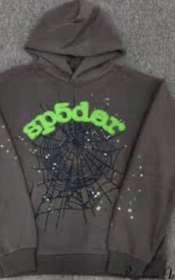 sp5der Gray/Green Pullover Hoodie Spider Logo Graphic Print Pockets Size S
