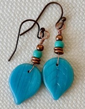 Copper and Blue Leaf Dangle Earrings. Bohemian Chic.