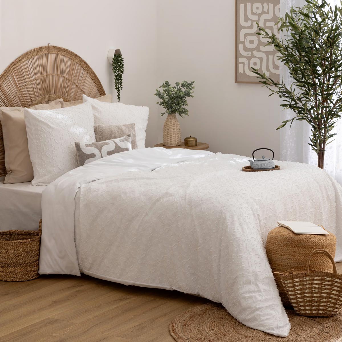 Parure de lit jacquard 240x220 cm Swan blanche avec 3 pièces pour grand lit