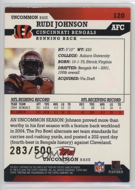 2005 Topps Pristine /500 Rudi Johnson #120 - Image 2 of 2