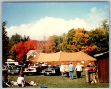 Vtg Color Snapshot Fall Outdoor Group W/ Cars And Tent 1985
