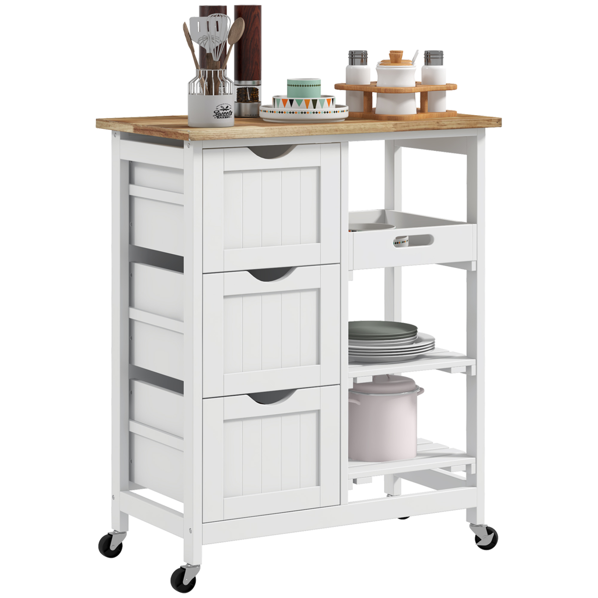 HOMCOM Rolling Kitchen Island Cart Bar Serving Cart Compact Trolley - White