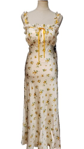 NWT Reformation Cream Ivory Floral Ruffled 100% Silk Satin Maxi Dress Size XL - Picture 3 of 10