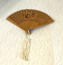 Wooden Collapsible Open Mini Hand Fan 6" x 4" Carved Wood Birds decoration