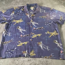 Paradise Found Shirt Mens 2XL Blue Hawaiian Aloha Airplane Print Rayon Button Up