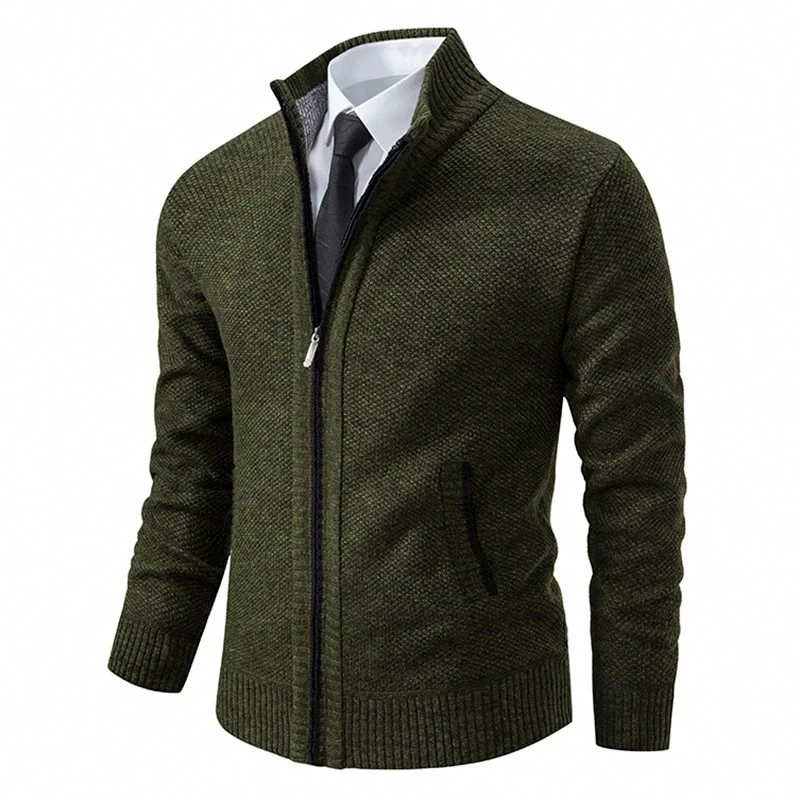 Mens Fleece Lined Full Zip Cardigan Jacket Stand Collar Warm Casual Coat Fall image 1