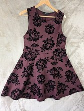 New Look UK 16 Plum Velvet Floral Flare Dress Sleeveless Party Skater Fit