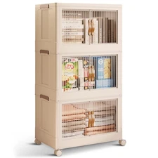 STORAGEBUD 3 Tier Large Stackable Storage Bins with Lids Open Front - White