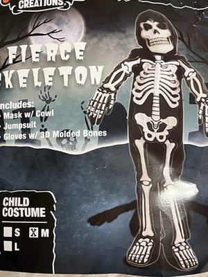 Spooktacular Creations Fierce Skeleton Costume Kids Size Small Mask Gloves Suit