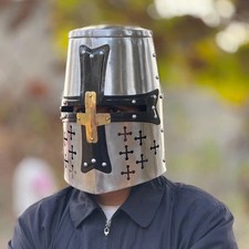 Elmetto medievale in acciaio grande cavaliere templare croce nera-elmo crocia...