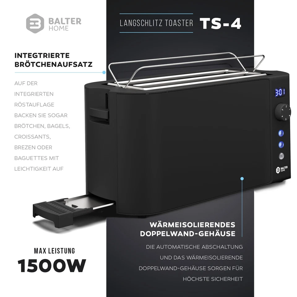 Toaster 4 Scheiben Langschlitz Edelstahl Brötchenaufsatz LCD 1500W Schwarz - Bild 2 von 4