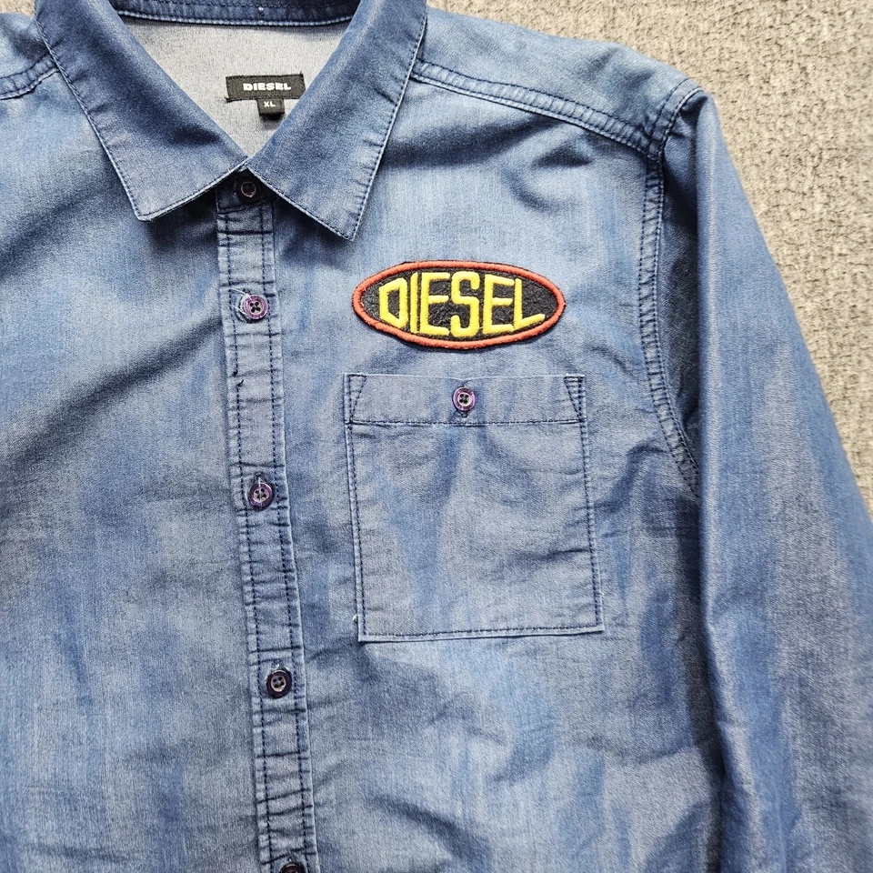 Diesel Shirt Mens XL Blue Denim Long Sleeve Western Patches US Flag Peace Tiger - Image 3 of 4
