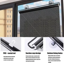 No Drilling Retractable Roller Window Shades W/3 Suction Cups, Blackout Blind...