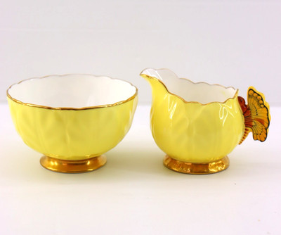 Aynsley Vintage Crocus Butterfly Handle Yellow Sugar Bowl & Milk Jug Set England