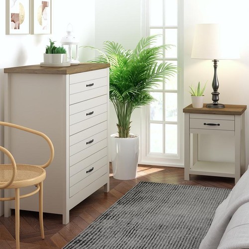 Set 2 Nightstands W/ Drawer Shelf Storage Farmhouse Design Ivory Finish Wood New - Picture 3 of 20