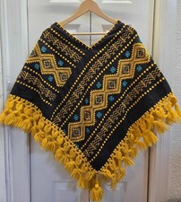 Handmade Mexican Poncho Black Yellow Embroidered Fringed Cape Boho Folkwear Tass