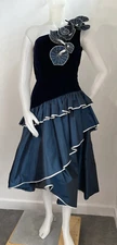 VTG 80s Victor Costa Dress SZ 8 One Shoulder Velvet Taffeta Ruffles Silver Lame