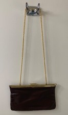 Vintage Dark Brown Leather Clutch Gold Trim with Chain Drop , pre-owned
