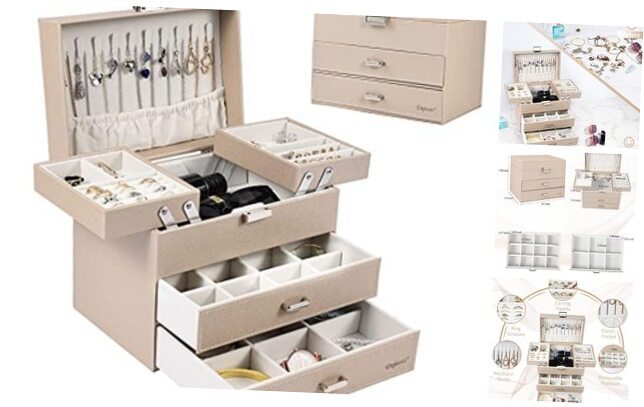 Jewelry Organizer Box, Large Jewelry Storage Box, PU Champagne + Silver-image