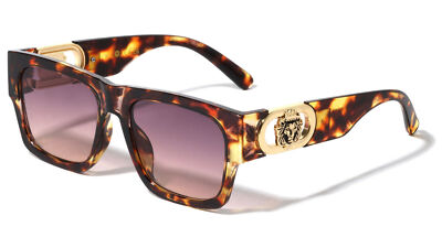 NY Tortoiseshell Shield Sunglasses with 
Gold Lion Head Medallion Accent SQUARE CLASSIC GOLD LION HEAD MEDALLION SUNGLASSES CLEAR  main image 2