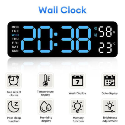 Digital LED Desk Alarm Clock Large LED Display Wall Clock Temperature Humidity