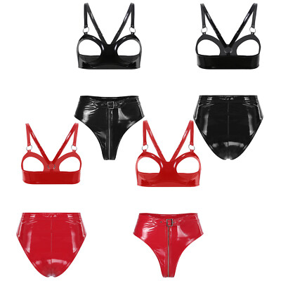 Women Sexy Vinyl Lingerie Set Wireless Open Cup Bra and Zipper Croth Thong  Panty | eBay