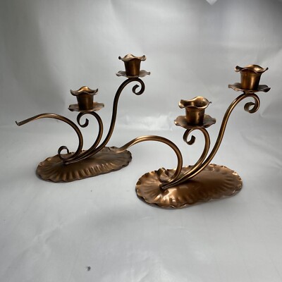 Gregorian Copper Candle Holders Double With Hanging Cone Snuffer Vintage Pair
