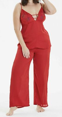 Pretty Secrets Pyjama Set Red Appliqué Size 12 14 Cami Top & Wide Leg Trousers
