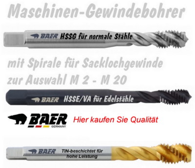 Gewindebohrer Baer Maschinengewindebohrer Gewindeschneider M2 - M12 HSS Sackloch
