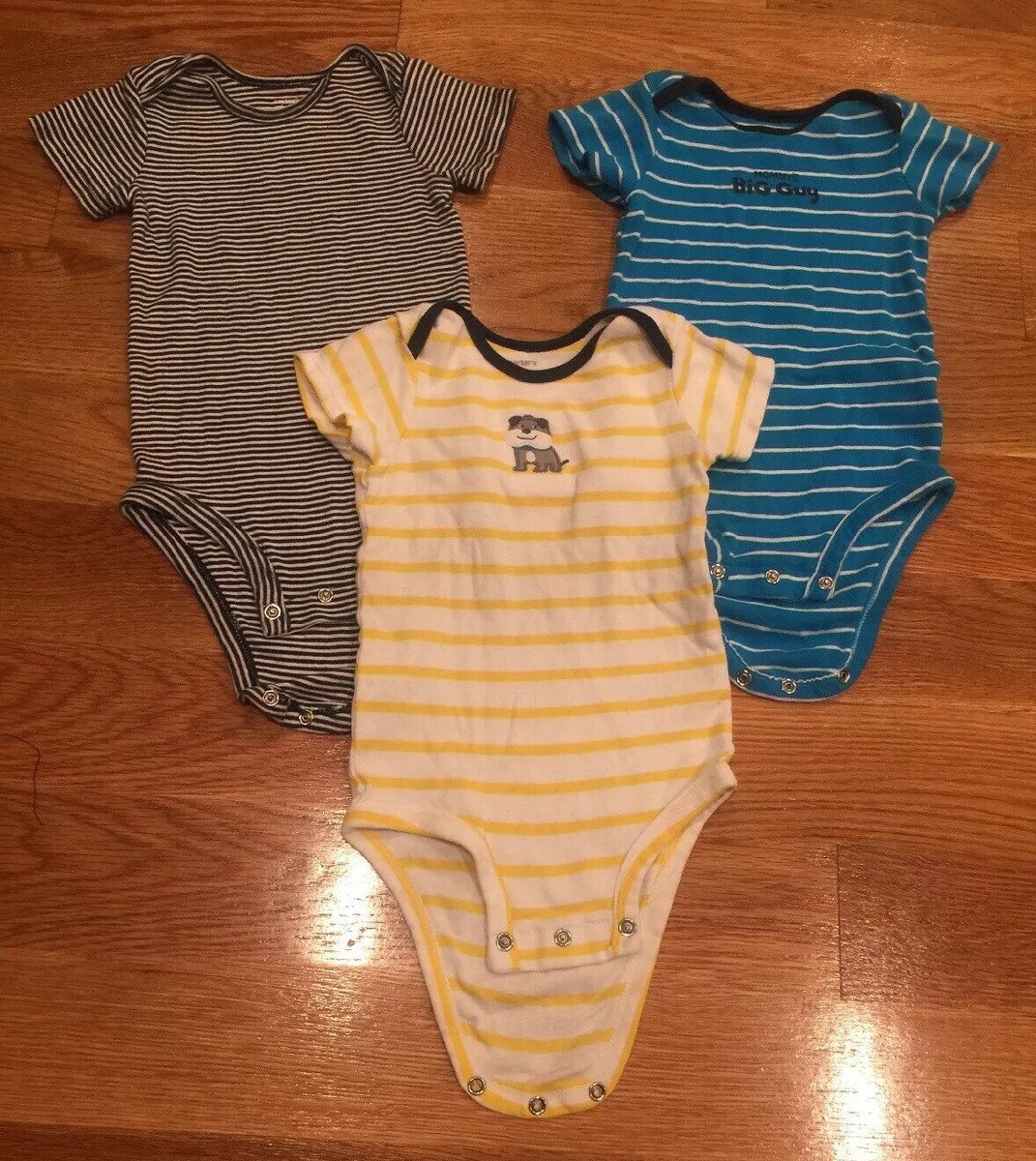 Lot of 3 Carter's Navy Blue/Sky Blue/ Yellow Bodysuits Baby Boy 12
