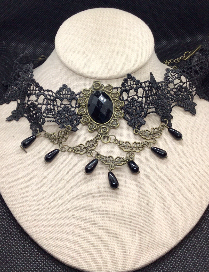 Vintage Gold Tone Costume Wide Black Lace Black Stone Choker