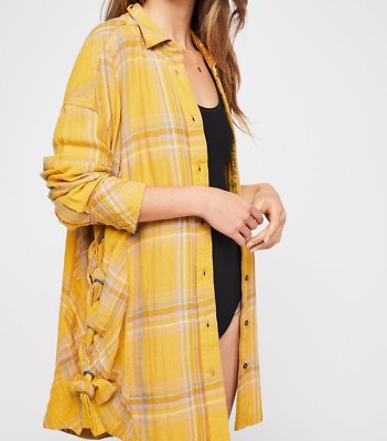 NWT FREE PEOPLE SzXS NORDIC DAY PLAID LONG SLEEVE BUTTON DOWN SHIRT YELLOW